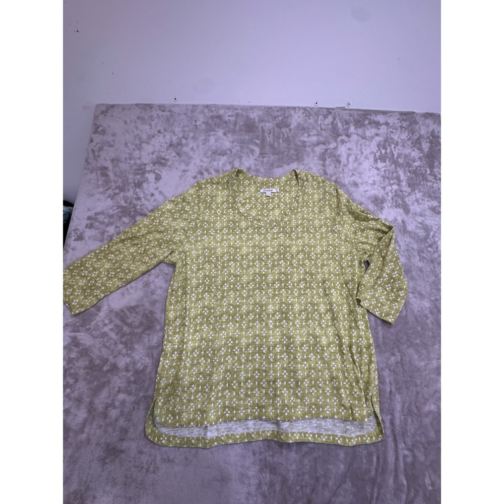 Chico's Blouse Womens Size XL Avacado & White 3/4 Sleeve Geometric Pattern EUC